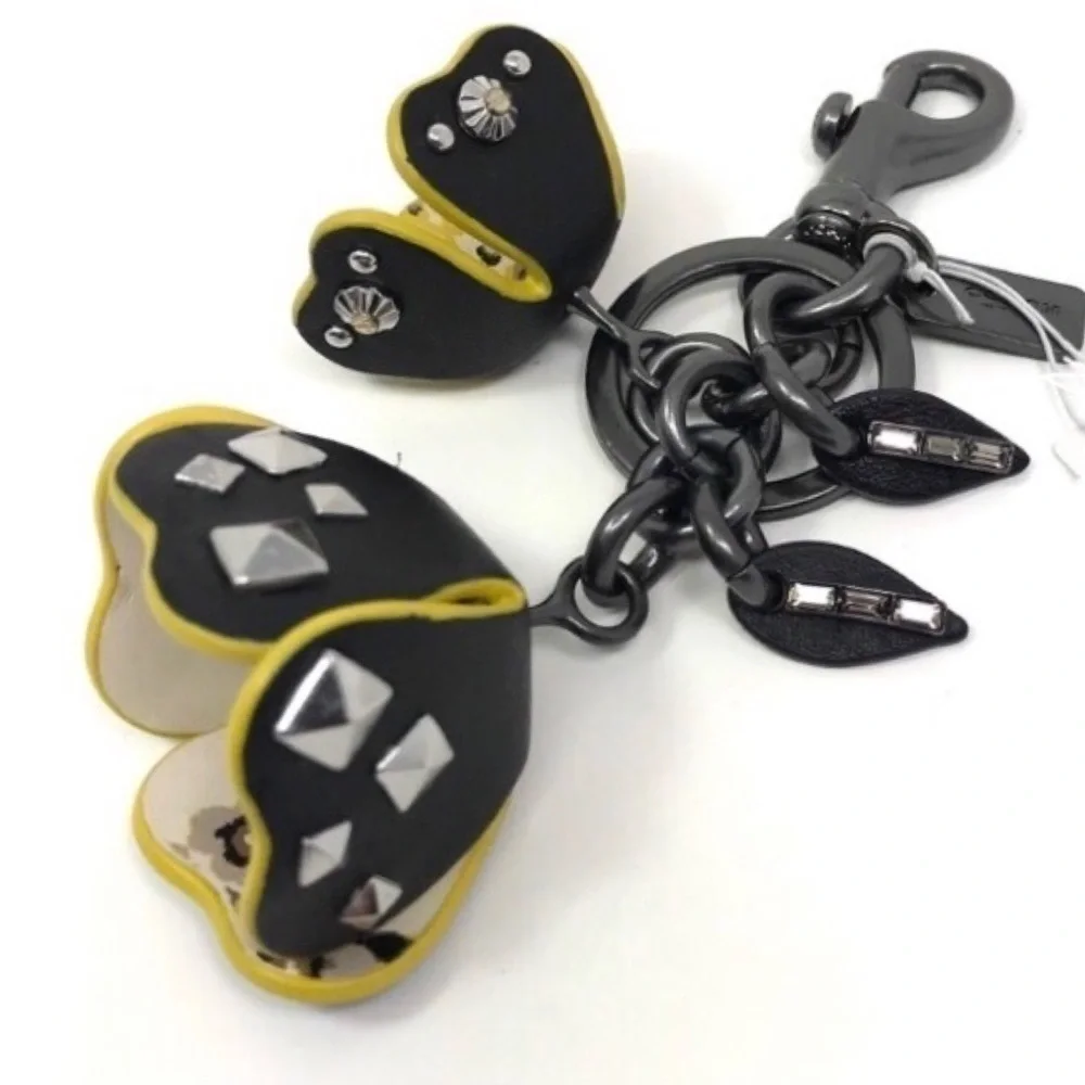 Coach Prairie Black Yellow Tearose Roses Floral Flower Keychain Fob NWT
